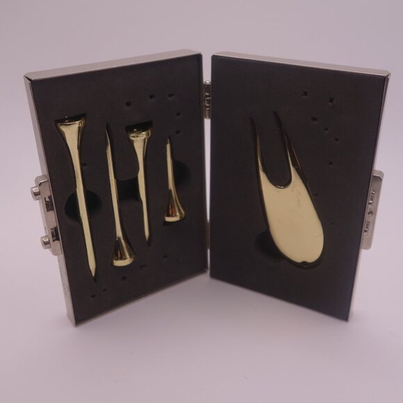 Gold Color Metal Golf Tees and Gold Color Metal Green Ball Mark Tool - Picture 1 of 16